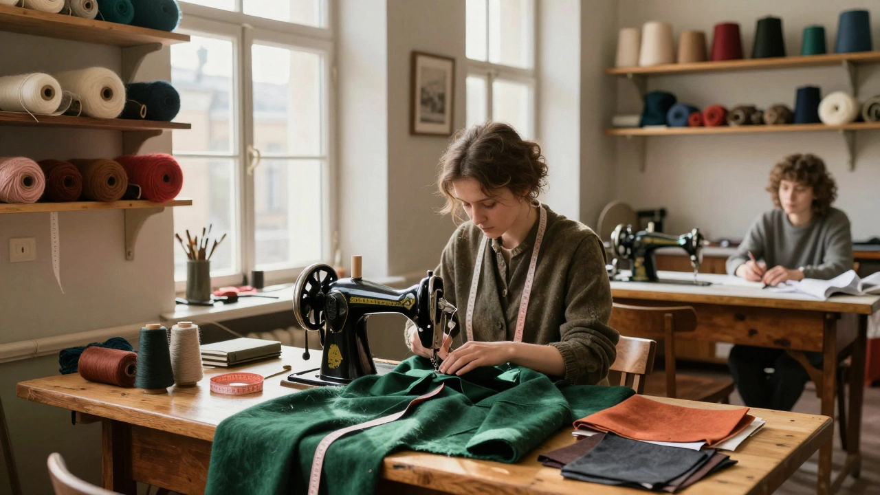 Портной в мастерской шьёт пальто с отстёгивающимся воротником, вокруг — ткани натуральных оттенков и старые швейные машинки.