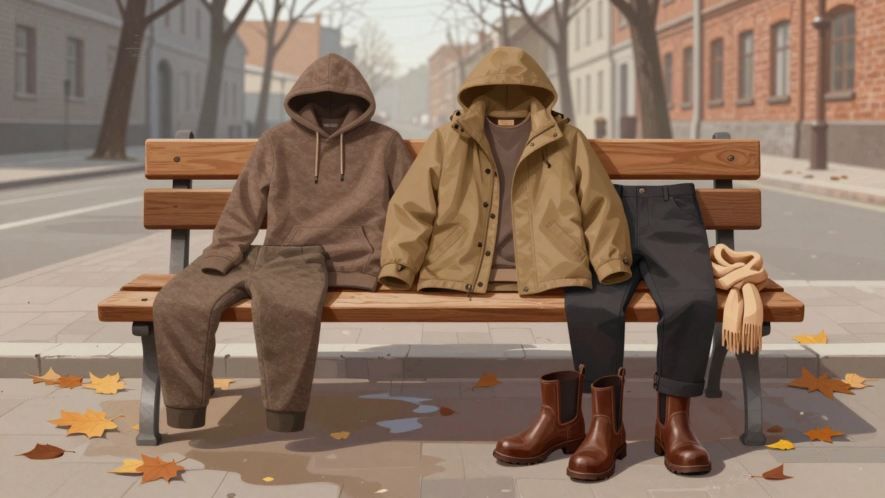 Разложенные на скамейке слои осенней одежды: термобельё, толстовка, ветровка, брюки и шарф — в тёмных тонах.