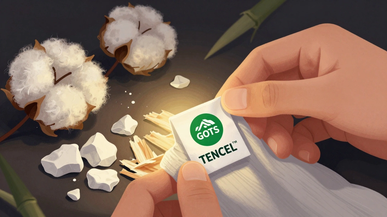 Рука держит этикетку с сертификатами GOTS и TENCEL™, вокруг — натуральные волокна и переработанные материалы.