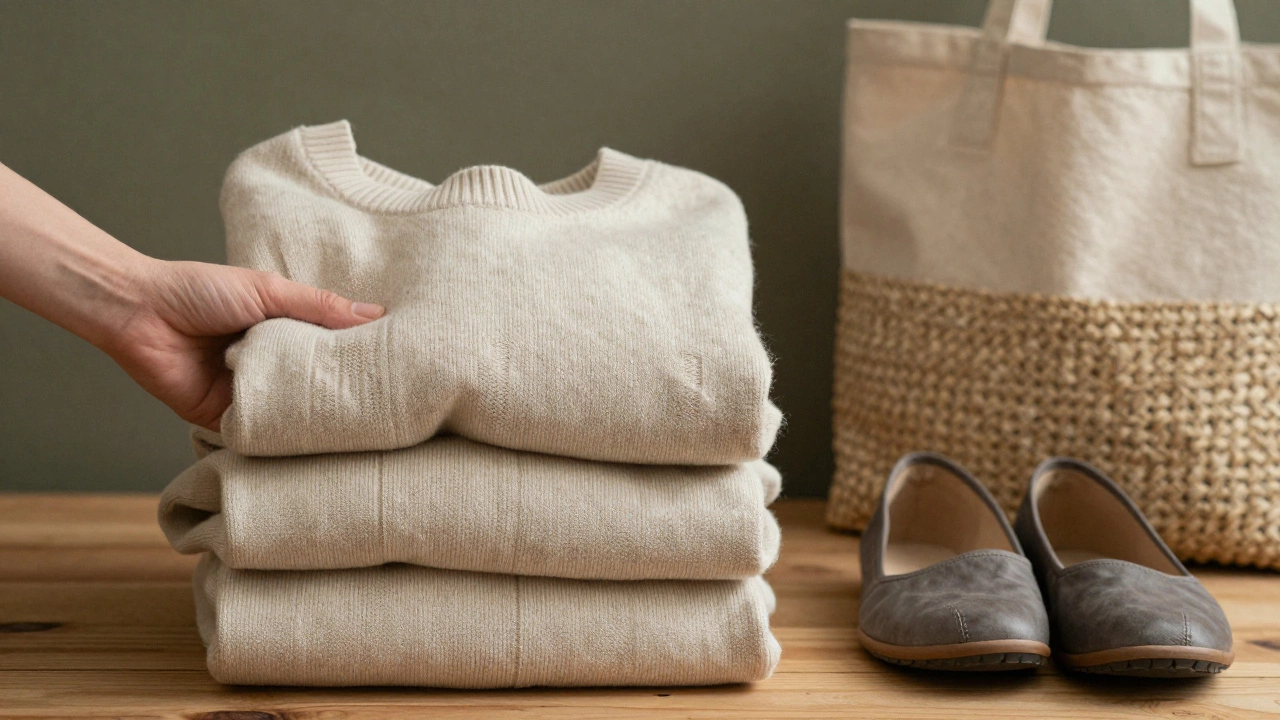 Рука держит сложенный хлопковый свитер с естественными складками на фоне земляных тонов.