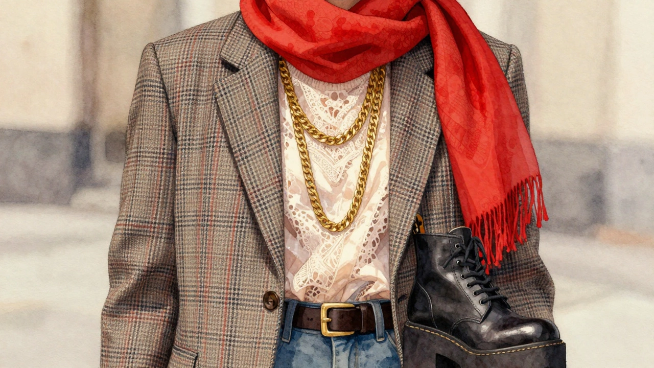 Слоистый максималистский образ с клетчатым пиджаком, золотыми цепочками и красным шарфом.