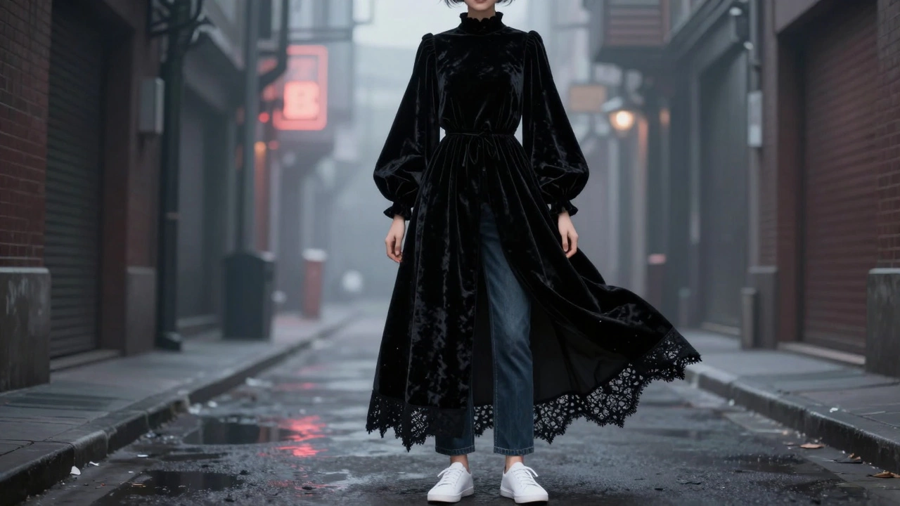 Современный готический образ: чёрное бархатное платье с широкими рукавами и джинсы с белыми кроссовками в туманном переулке.