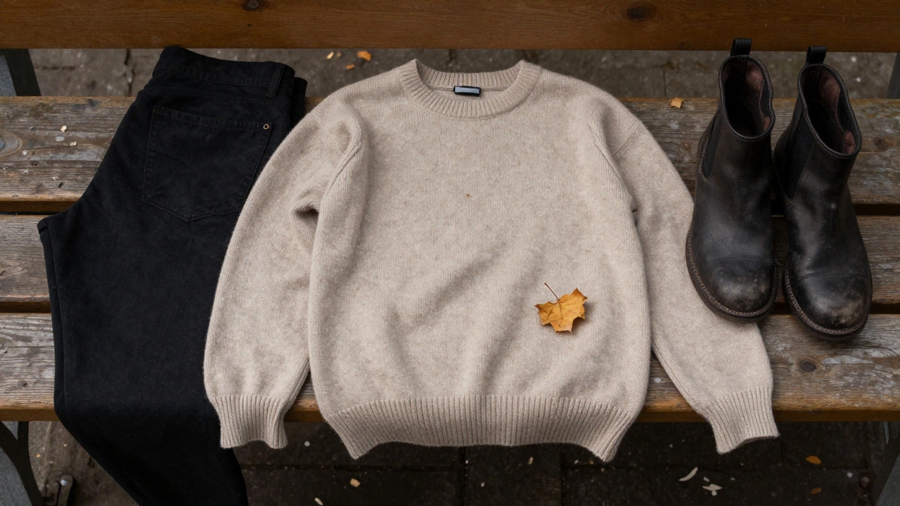 Три предмета одежды — брюки, свитер и ботинки — лежат на деревянной скамье, символизируя долговечность и простоту.