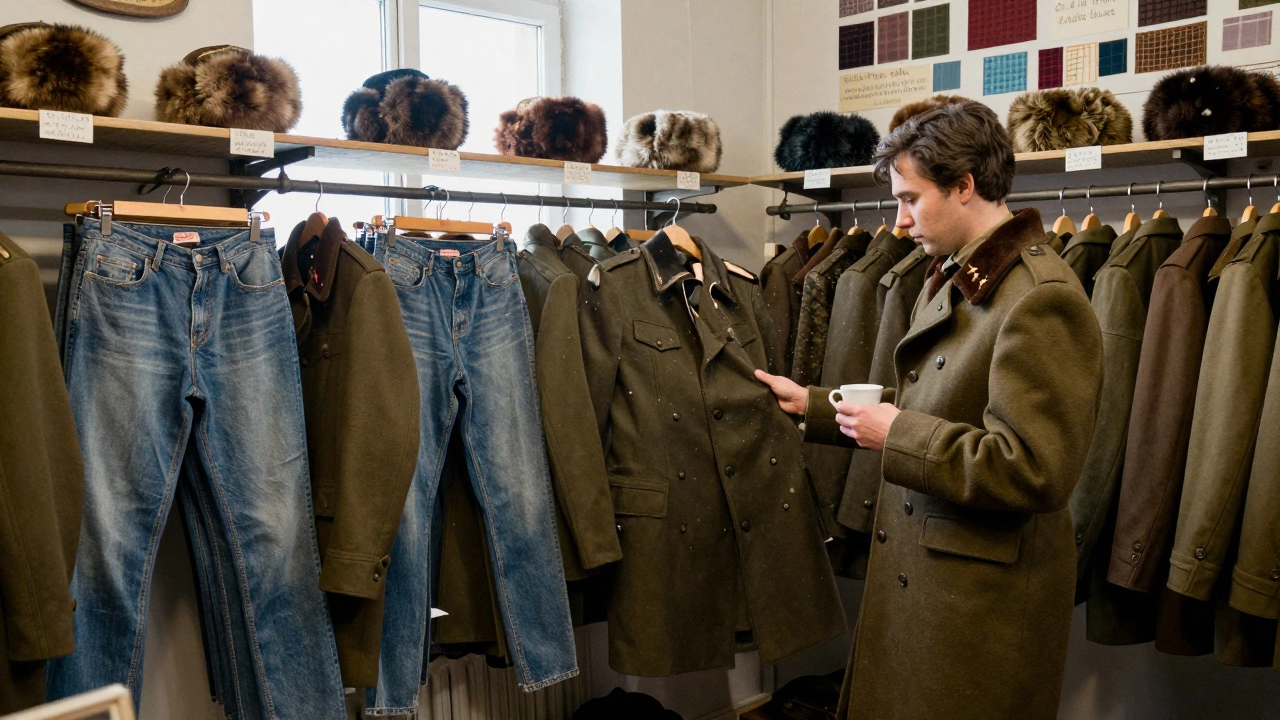 Винтажный бутик с советскими и 90-х годов одеждой: пальто, джинсы и меховые шапки на полках, клиент примеряет восстановленное пальто.