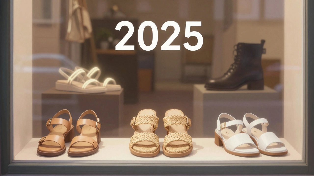Витрина бутика с тремя моделями босоножек 2025 года: бежевая кожа, плетёная солома, переработанный полиэстер — без лишних деталей.