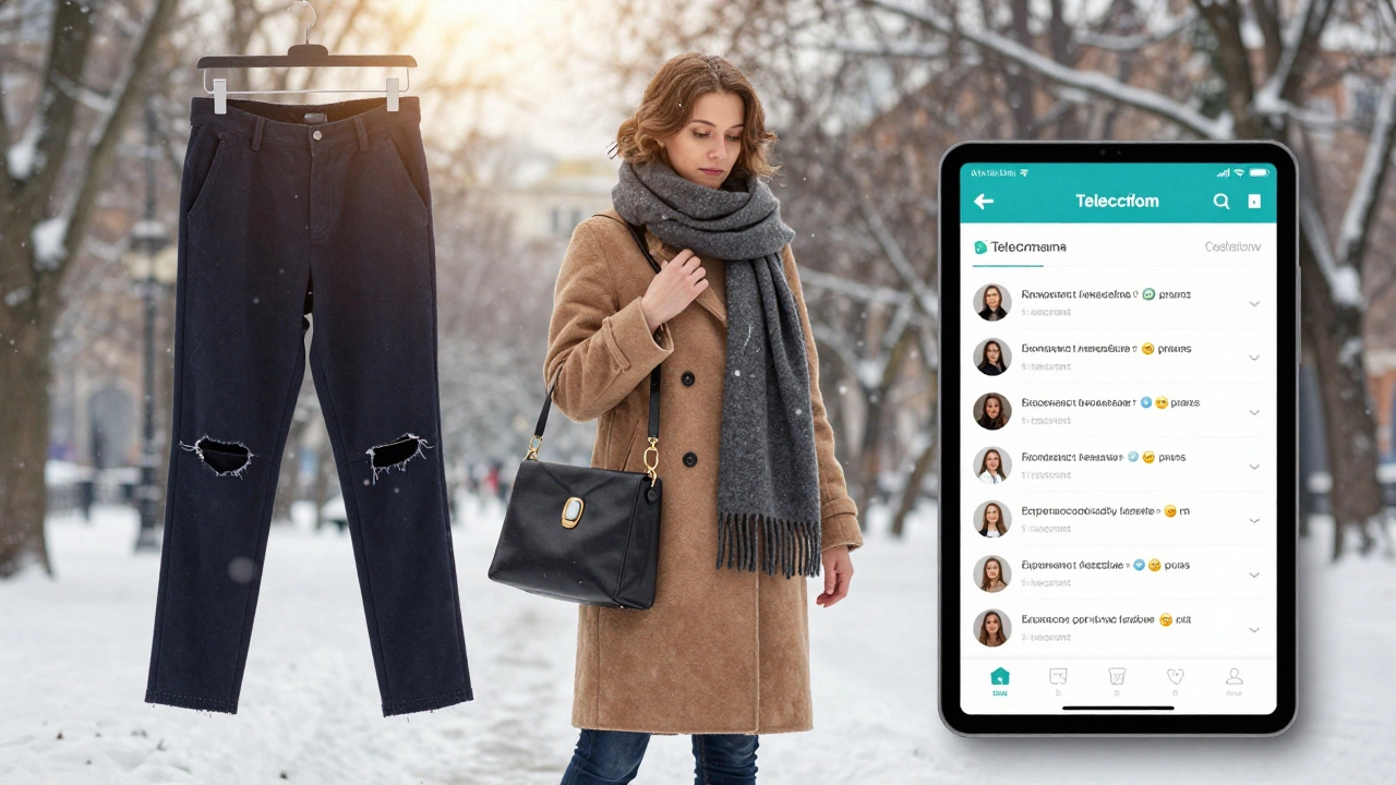 Женщина пересматривает зимний гардероб: старое пальто сочетает с новым шарфом-сумкой, рядом — починенные брюки и телефон с отзывами.