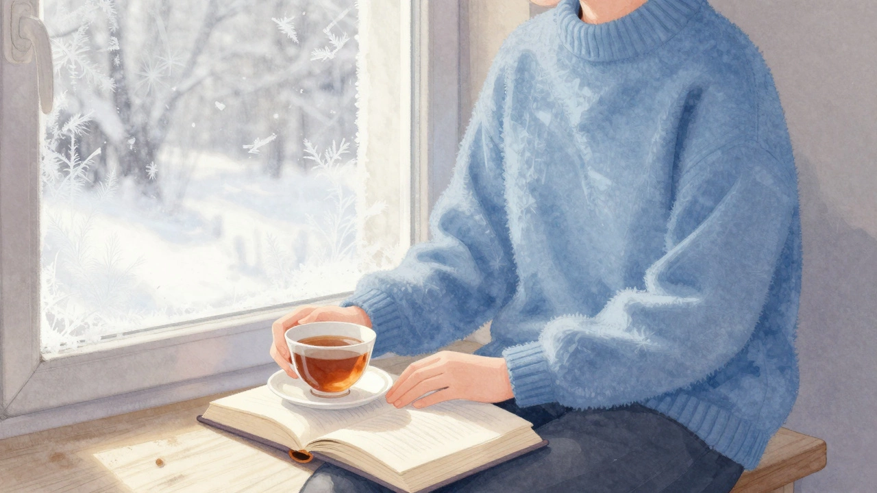 Человек в светло-голубом свитере у окна в тихой комнате, зимний свет падает на чашку чая.