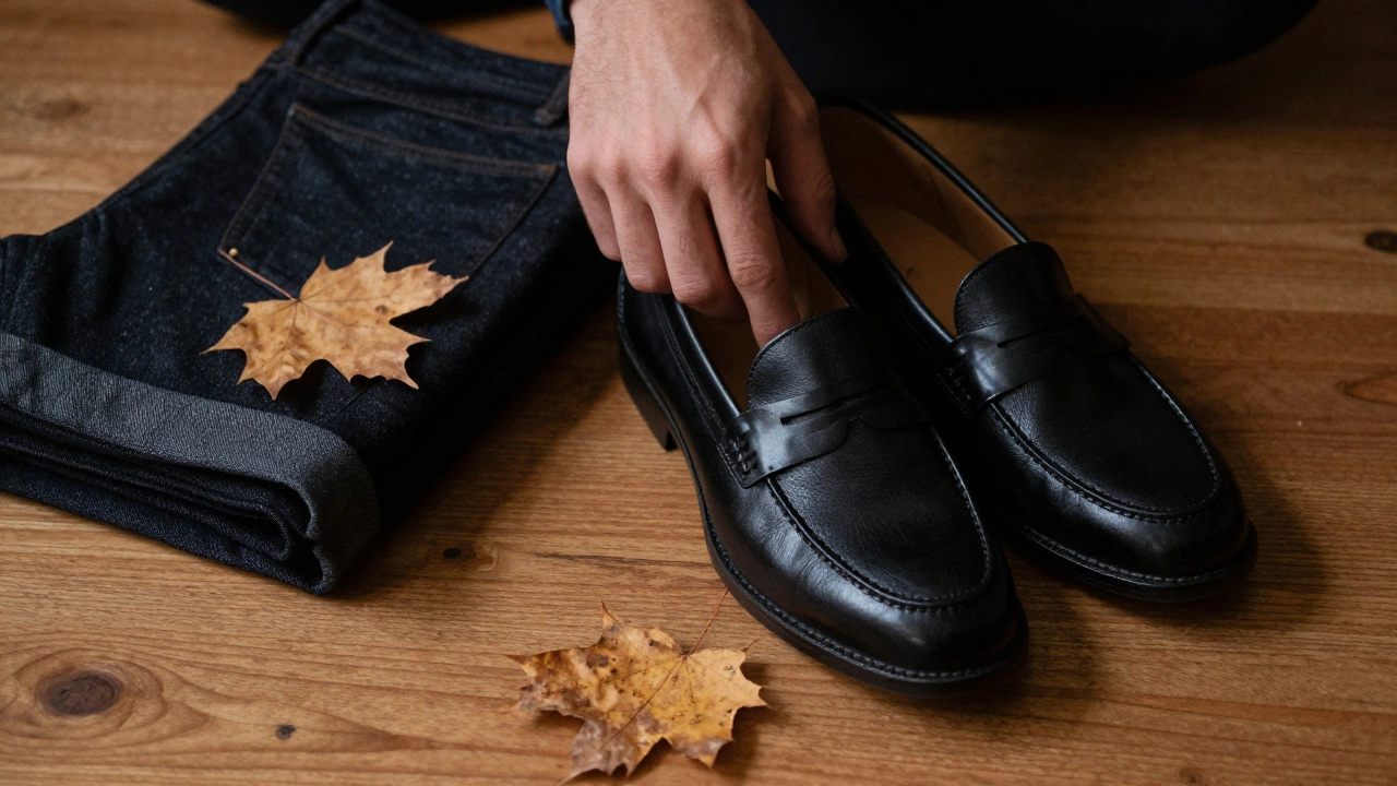 Черные лоферы и сложенные джинсы на деревянной поверхности с листом осени, без людей.