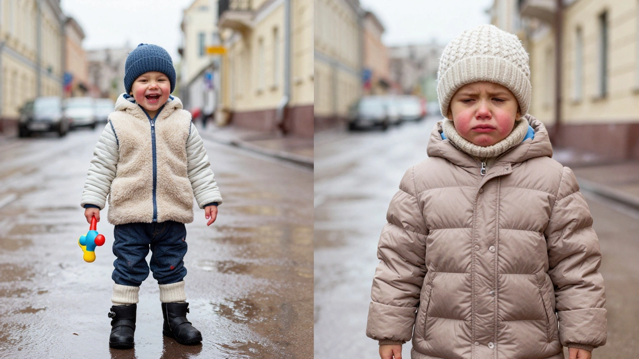 Контраст: ребенок в правильной одежде веселится, а в слишком теплой — выглядит неуютно.