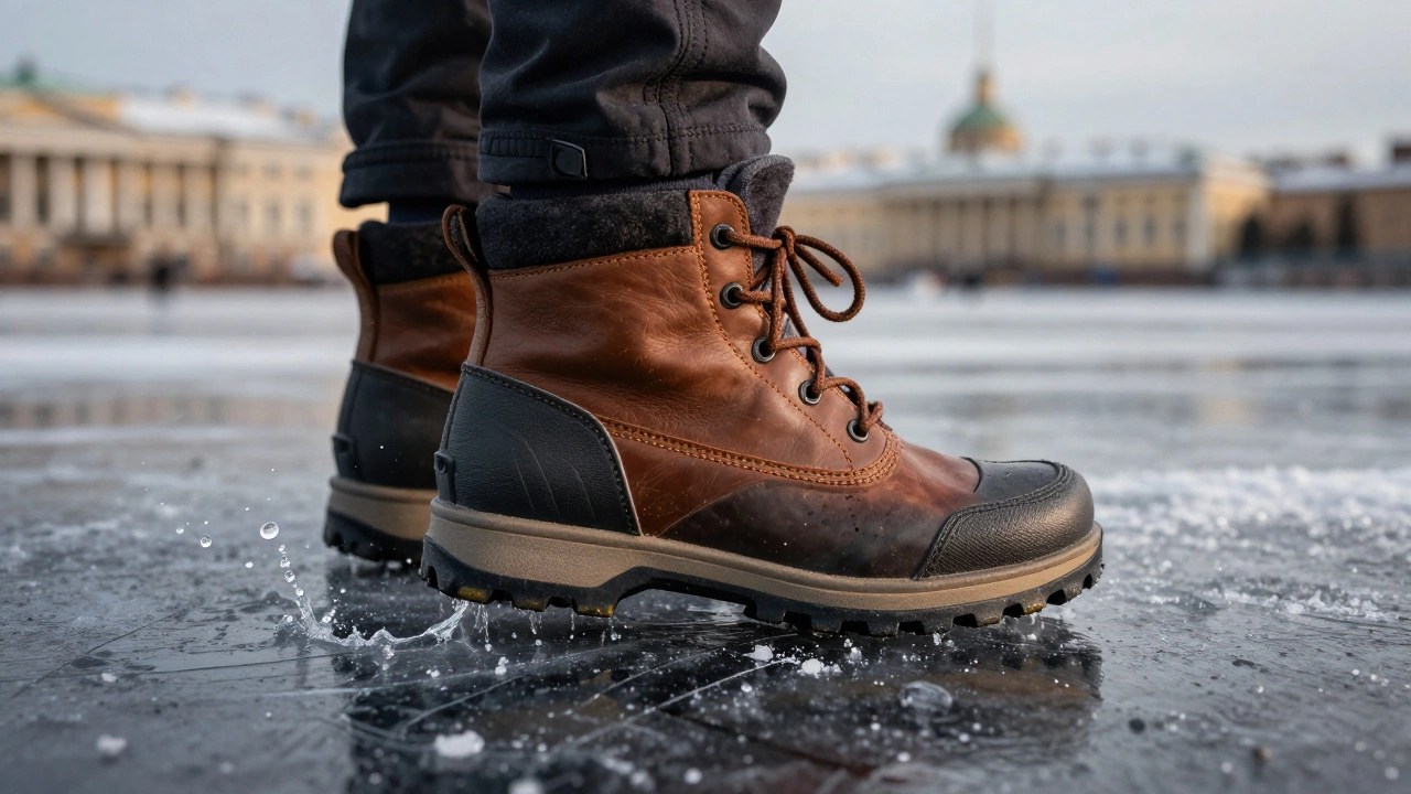 Крупный план подошвы зимнего ботинка, сцепляющейся с черным льдом, капли воды замерзли вокруг.