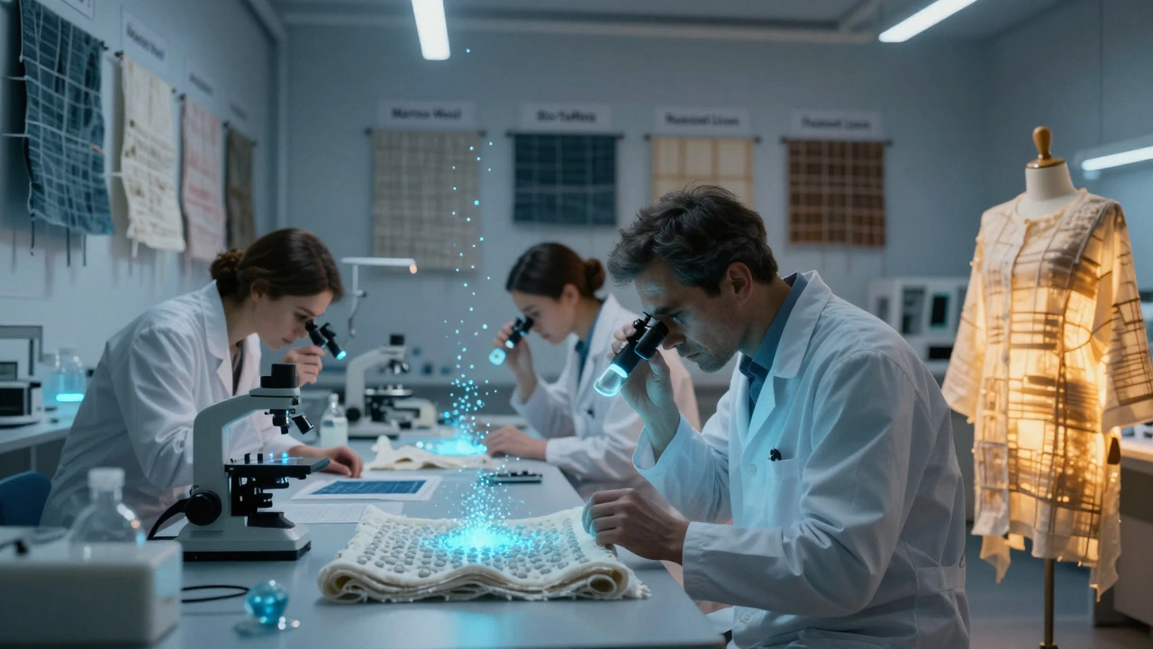 Лаборатория с учеными, изучающими ткани будущего с микрокапсулами для регулирования температуры.
