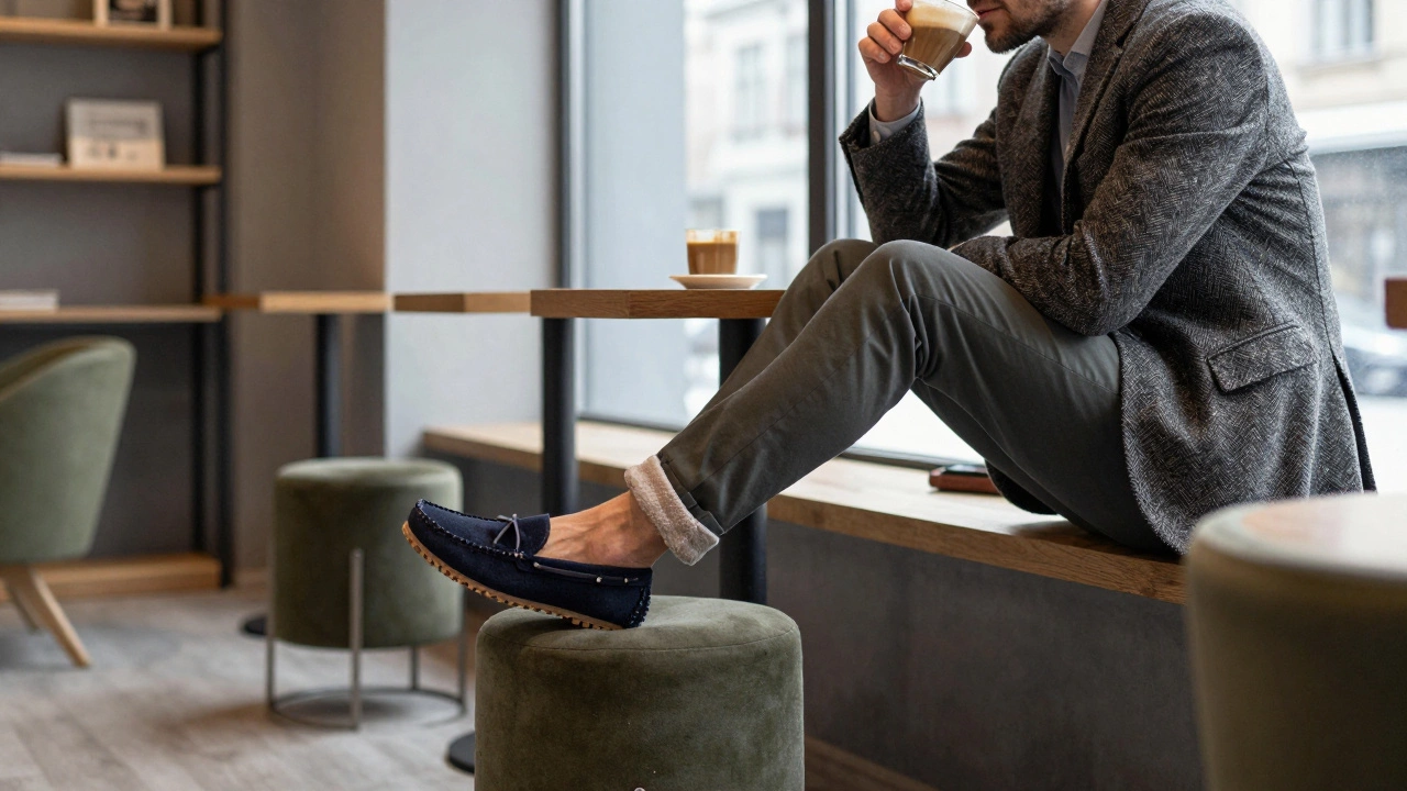 Мужчина в кафе сидит в темно-синих зимних мокасинах с манжетой из флиса и резиновой подошвой.