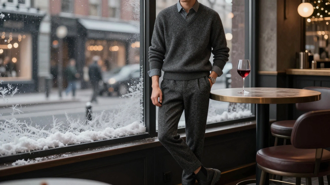 Мужчина в вязаном свитере и брюках из твида, у окна бара с праздничными огнями.