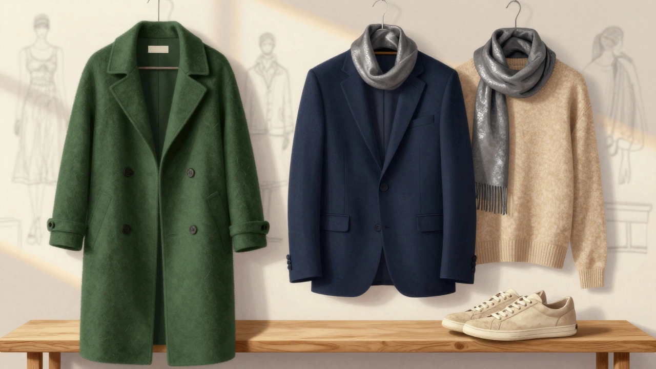На полке лежат тёплые ткани: зелёное пальто, бежевый свитер, индиго пиджак и шарф.