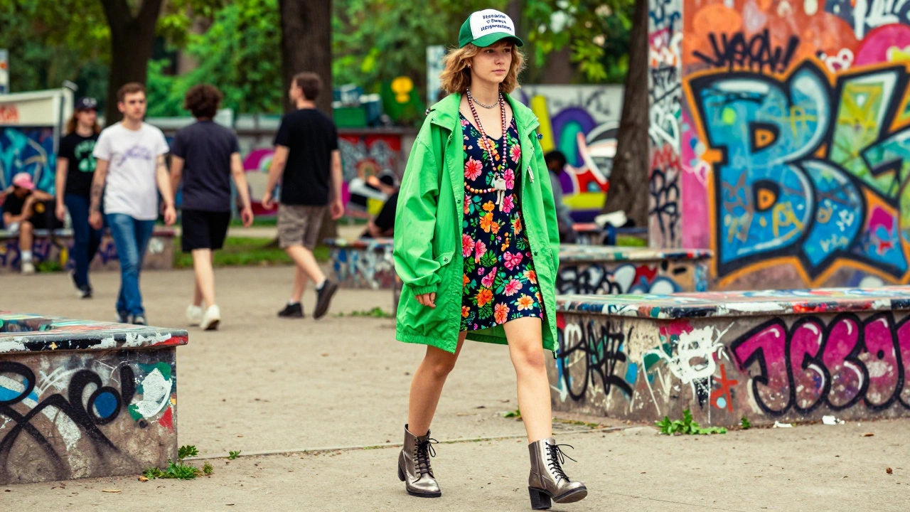 Подросток в слоеном образе с бейсболкой на русском языке и металлическими ботинками идет по парку, окружённый яркими цветами и граффити.