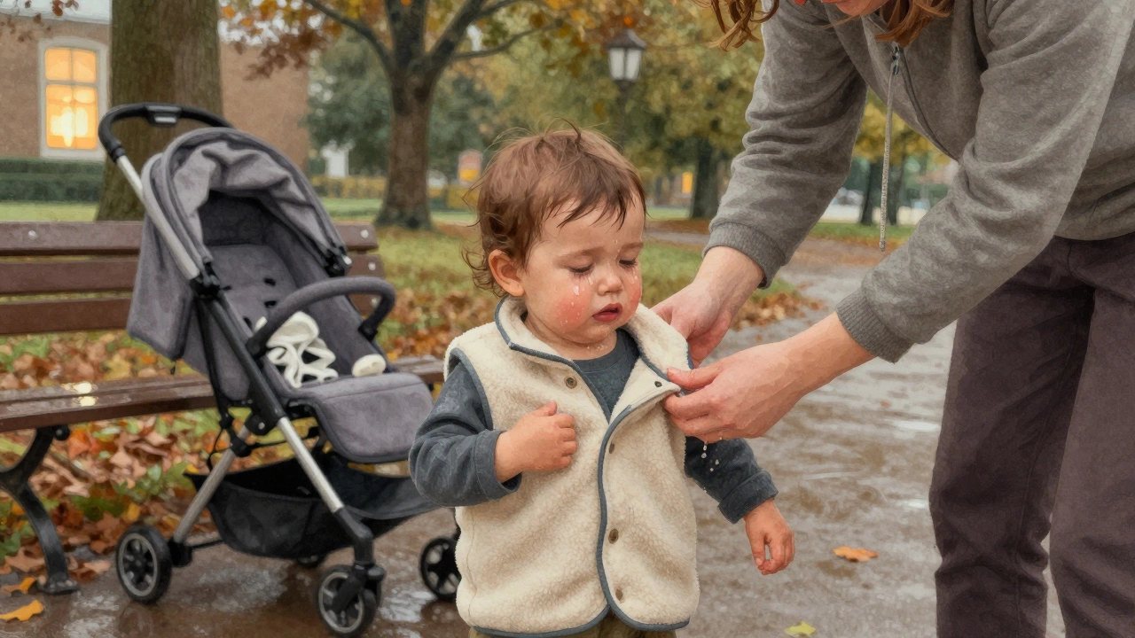 Родитель снимает флисовый жилет с потного ребенка во время осенней прогулки.