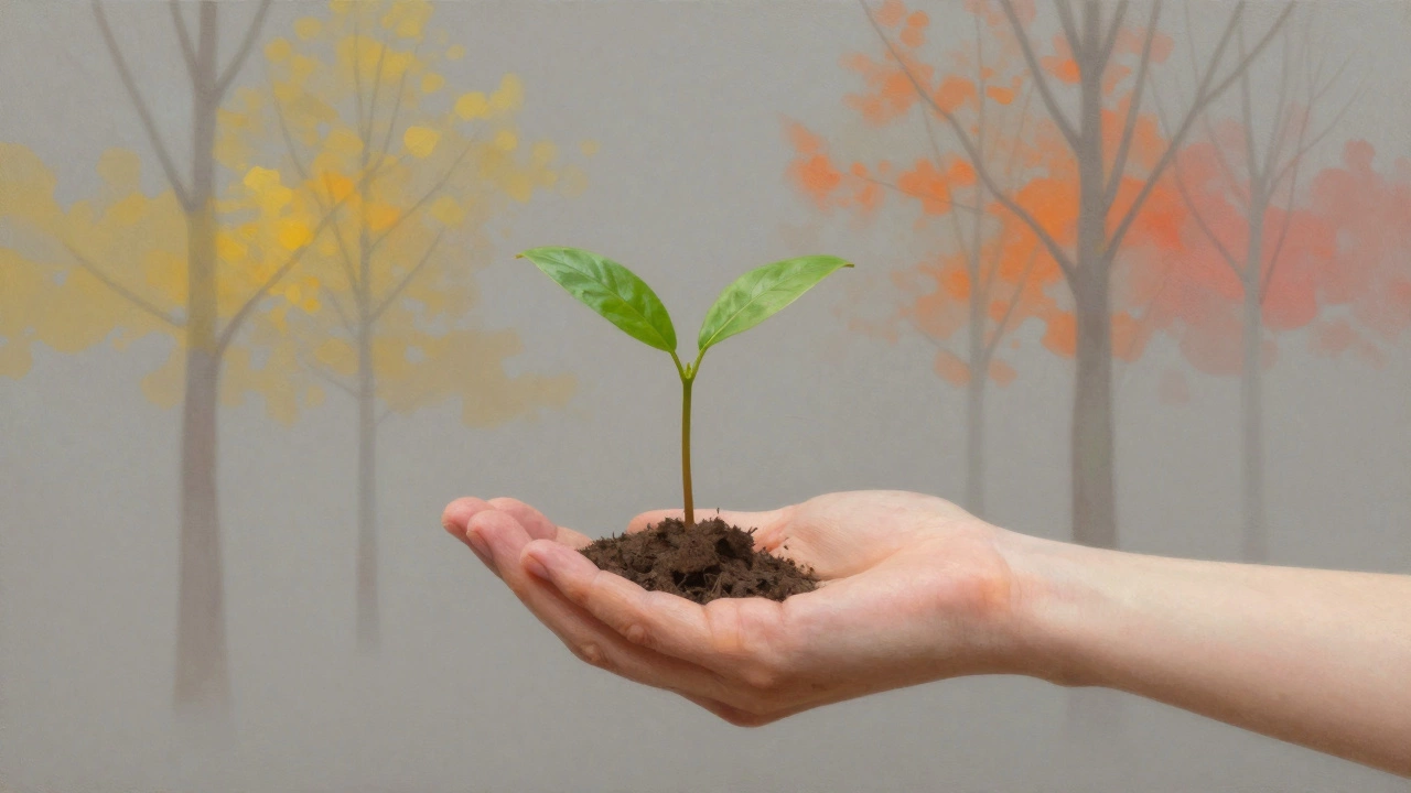 Рука держит зеленый росток на фоне тусклых зимних деревьев, вокруг — едва видимые оттенки счастья.