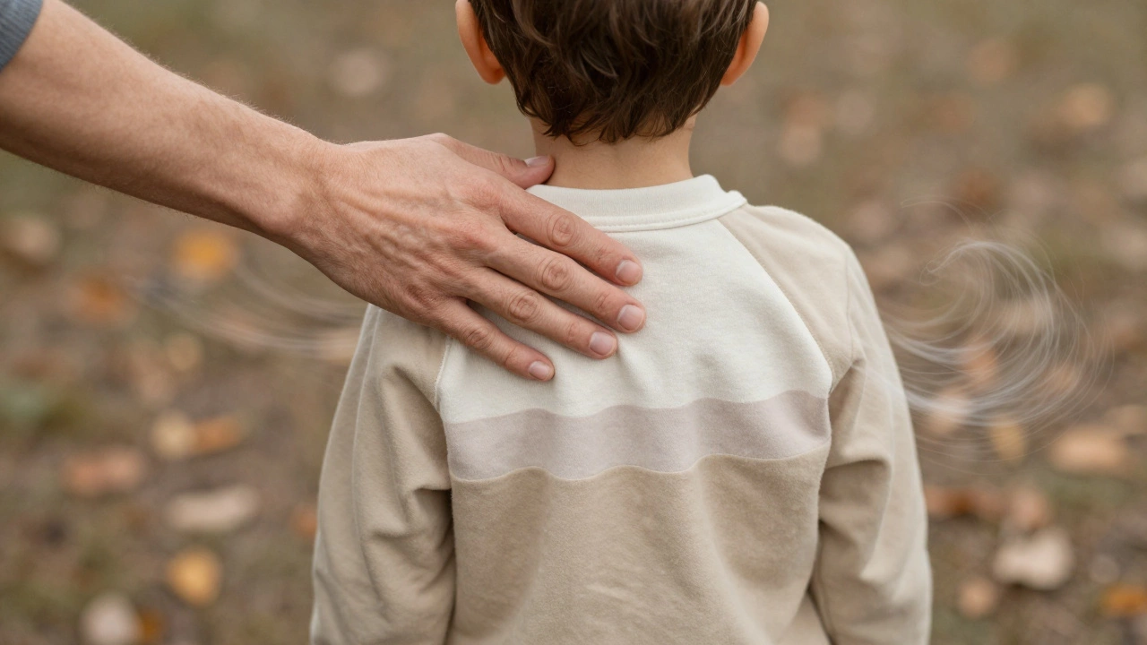 Рука взрослого проверяет тепло на шее ребёнка через слои одежды, на заднем плане — осенний парк и падающие листья.