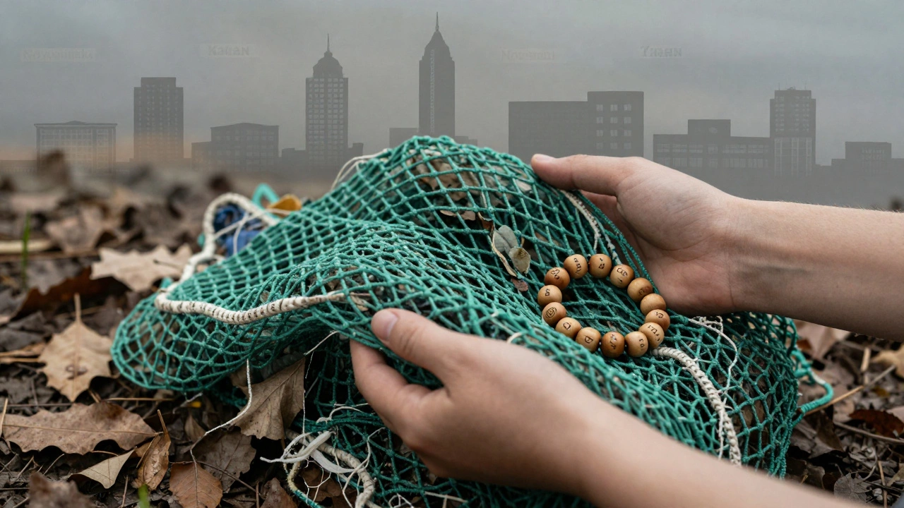 Руки держат ткань из переработанных сетей на листьях, рядом деревянный браслет с надписью 'Здесь и сейчас'.