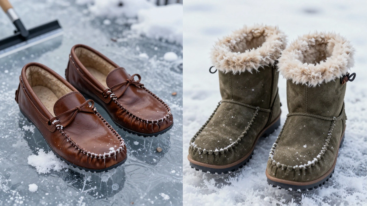 Сравнение: старые мокасины в грязи слева и современные зимние мокасины на льду справа.