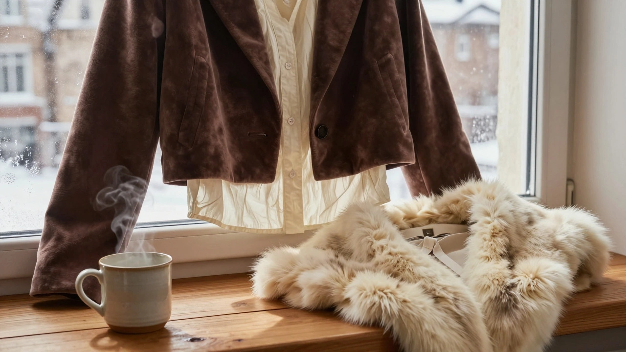 Текстуры натуральных тканей: велюр, поплин и короткий натуральный мех на деревянном подоконнике.