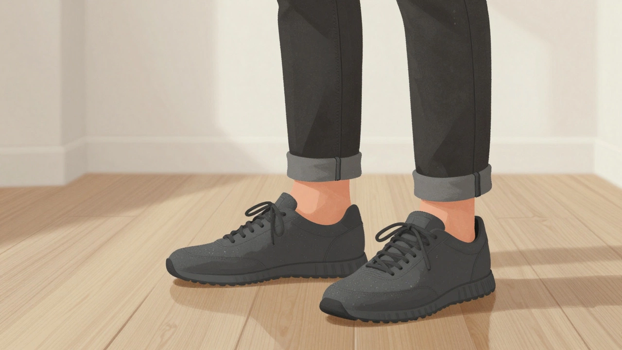 Темные кроссовки с текстурированной подошвой и подвернутые джинсы на деревянном полу в минималистичной обстановке.