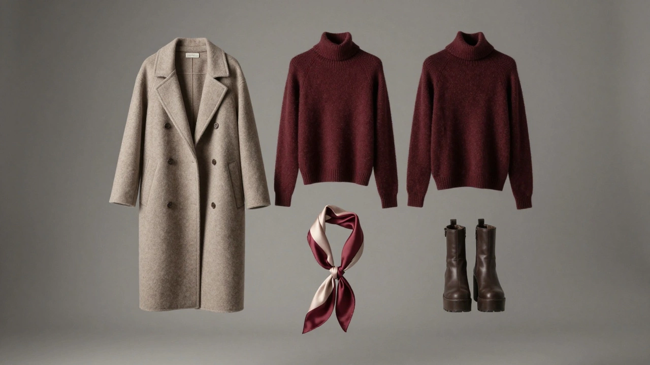 Три базовых предмета гардероба 2024 года: пальто, свитер и ботильоны, висящие в воздухе на нейтральном фоне.