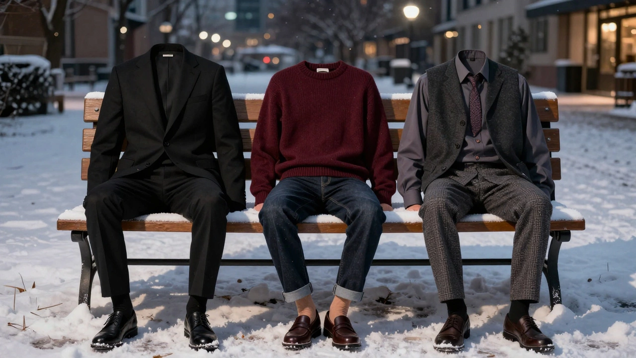 Три стильных образа для Нового года: костюм, свитер с джинсами и слоеный лук на скамейке.