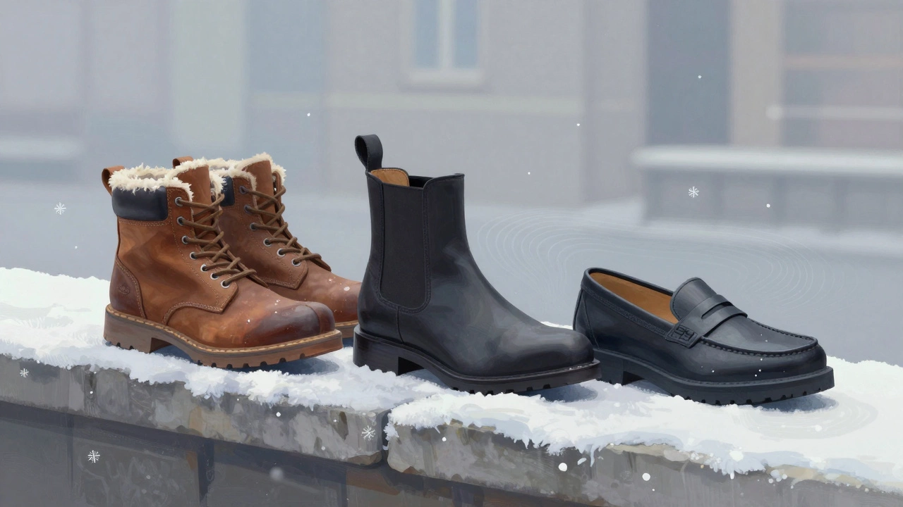 Три вида зимней мужской обуви на каменной полке: ботинки, челси и ботильоны с техническими деталями.