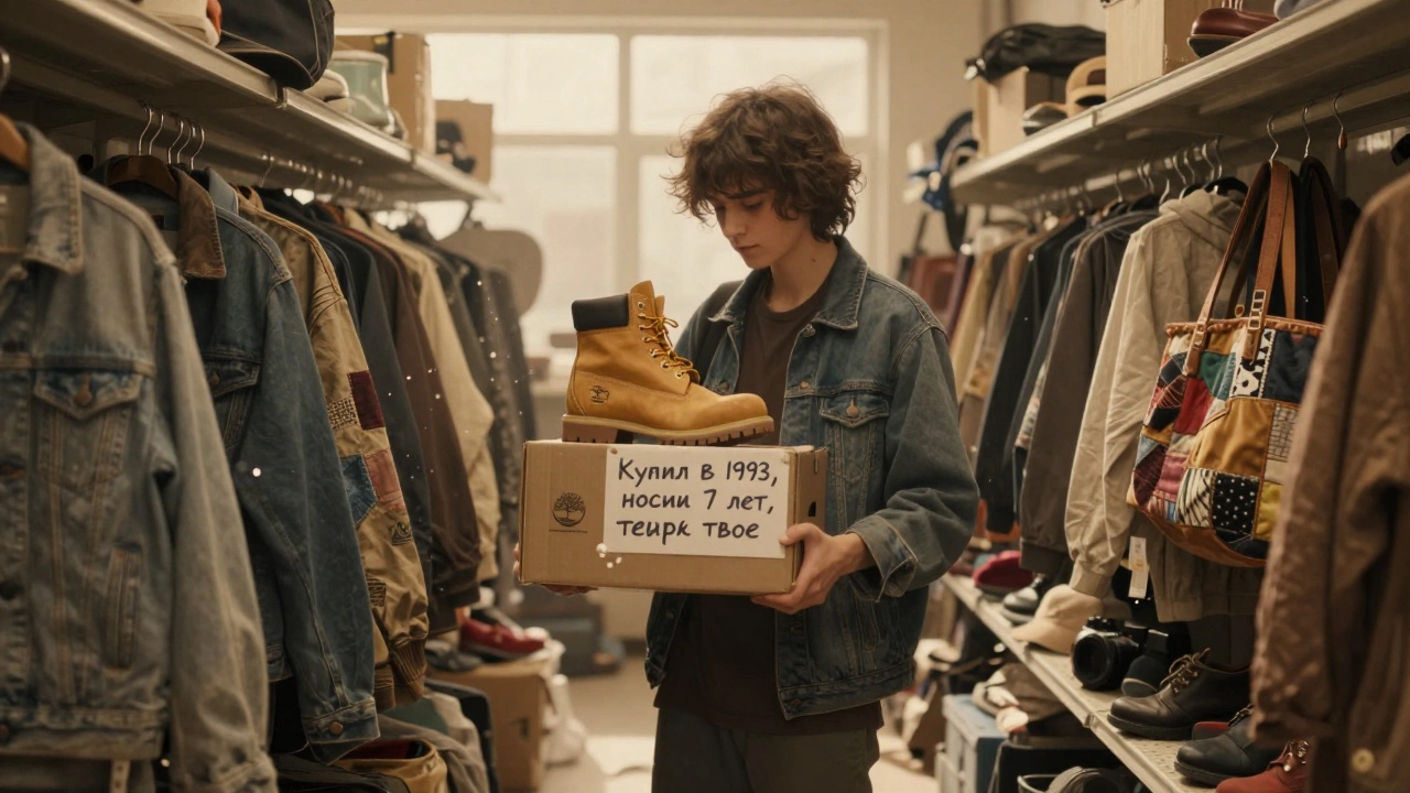 Юноша в комиссионке держит ботинки 90-х с запиской о прошлом владельце, вокруг — потертая одежда и старые аксессуары.
