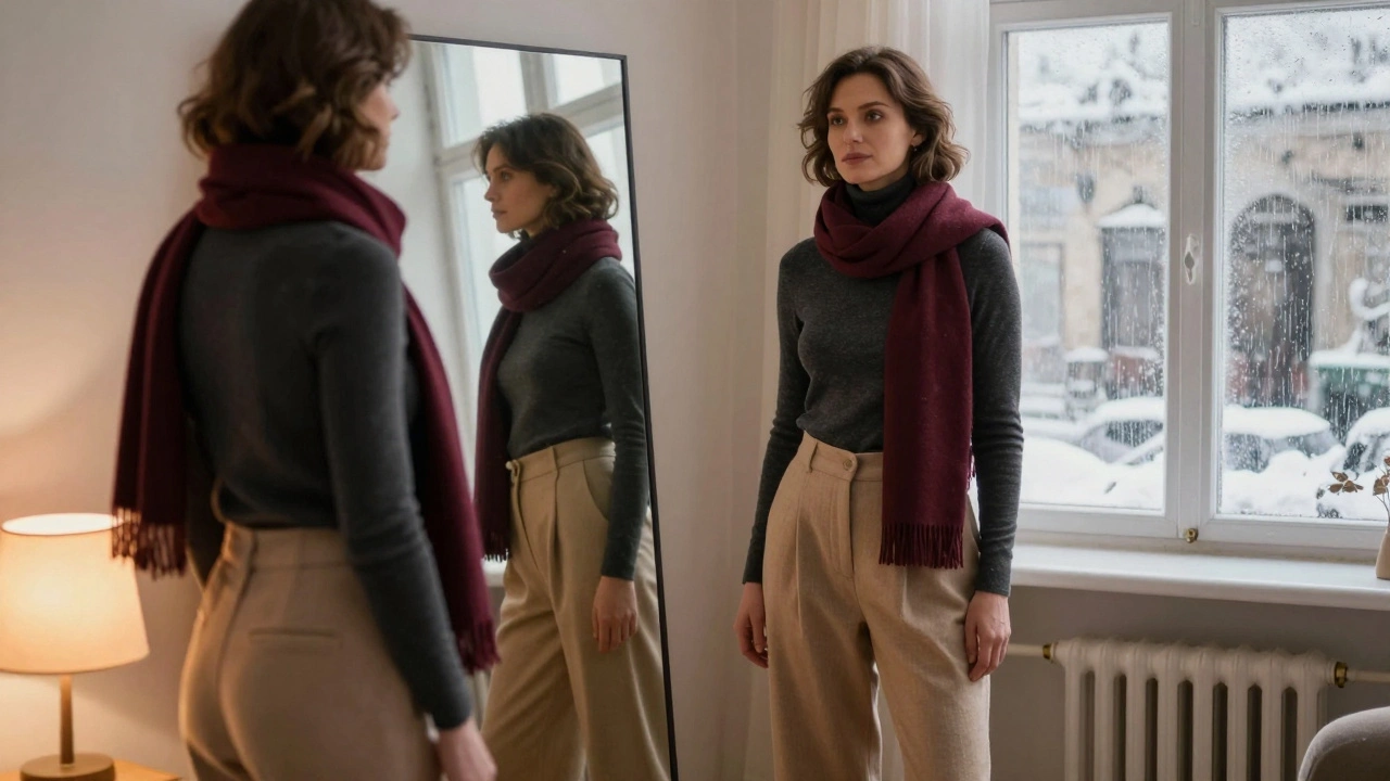 Женщина смотрит в зеркало в уютной комнате, одетая в нейтральные тона с бордовым шарфом.