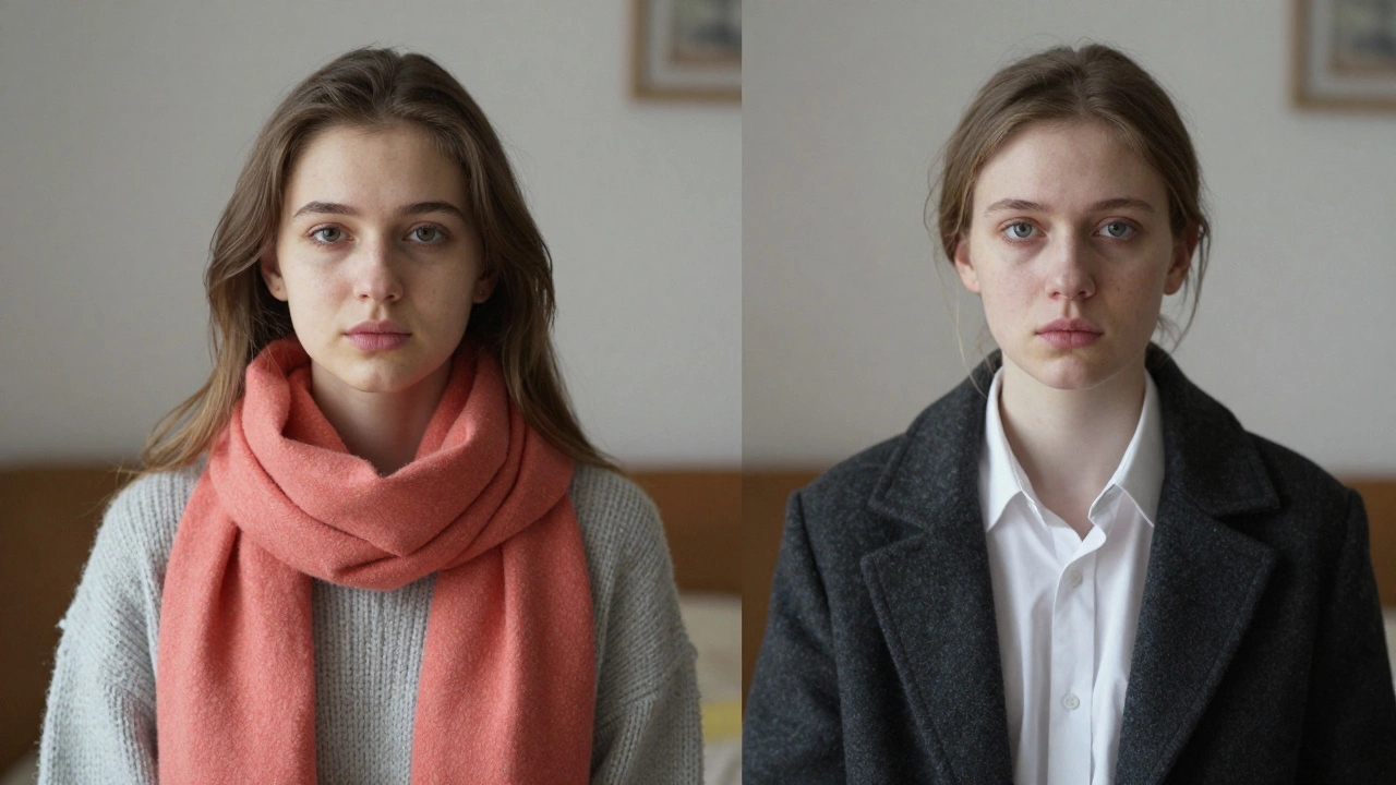 Два человека рядом: один с коралловым шарфом и теплыми тонами, другой в холодных оттенках — контраст жизненности.