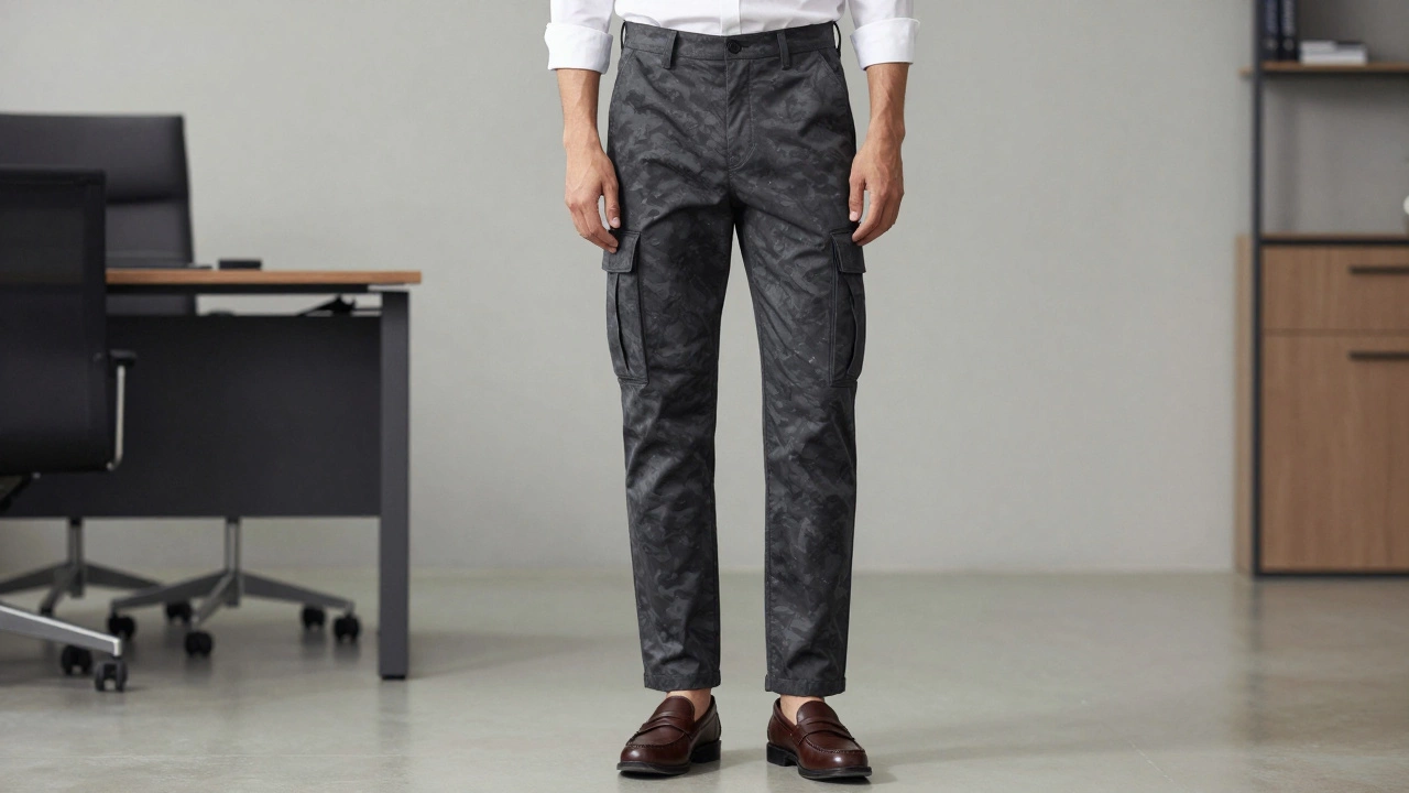 Мужчина в серых карго-брюках с рубашкой и лоферами в офисе