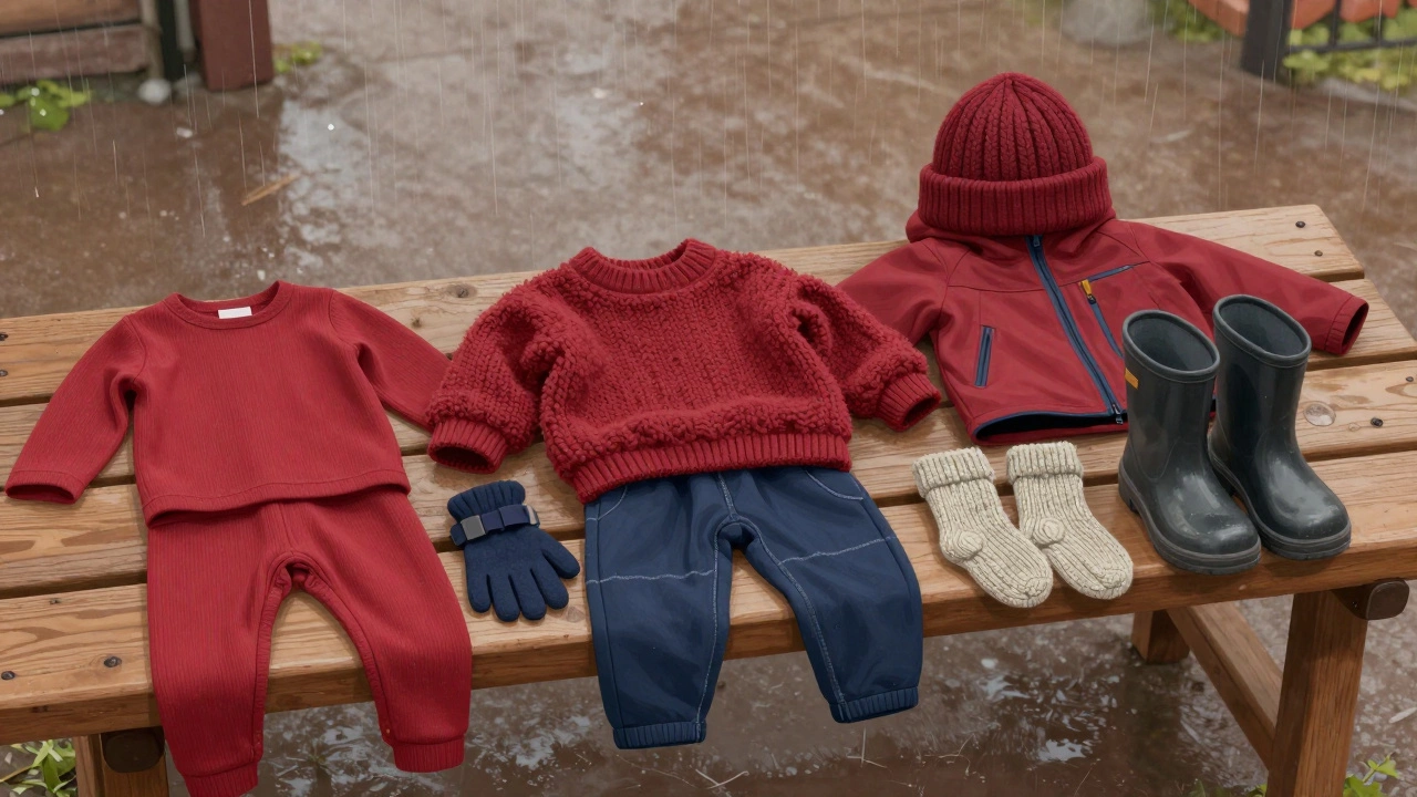 На деревянной скамье лежат слои детской осенней одежды: термобелье, флис, куртка, варежки, шапка и носки.