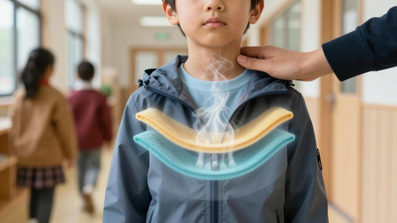 Родитель прикасается к шее ребёнка в школе, чтобы проверить, не перегрелся ли он, видны слои одежды под одеждой.