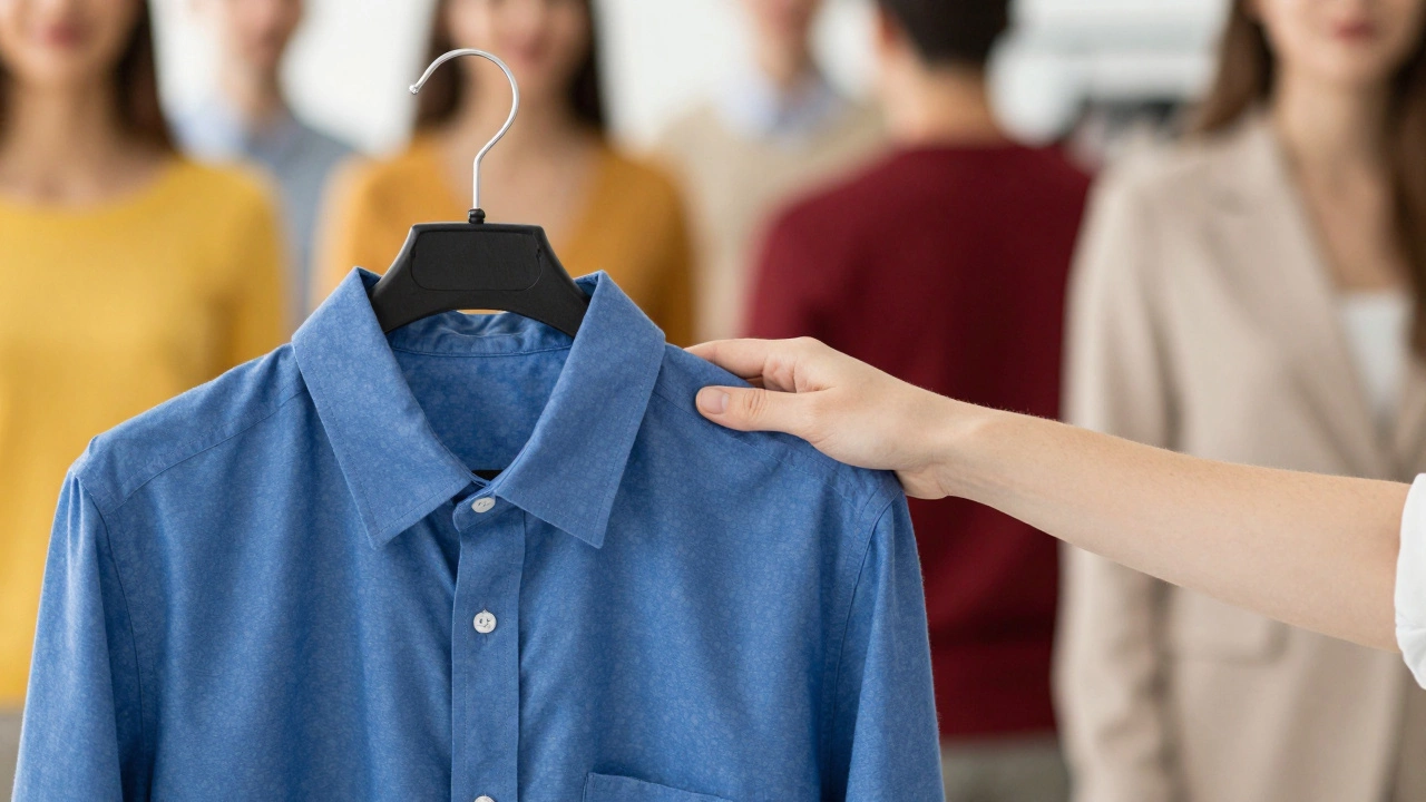 Рука кладет синюю рубашку на черный вешалку, остальные цвета размыты в фоне.