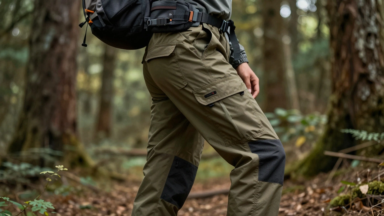 Технические карго-брюки в лесу с рюкзаком и функциональными карманами