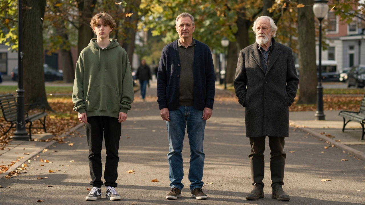 Три поколения мужчин в осеннем парке, все в одежде в стиле софт гранж, стоят спокойно, не обращая внимания на камеру.