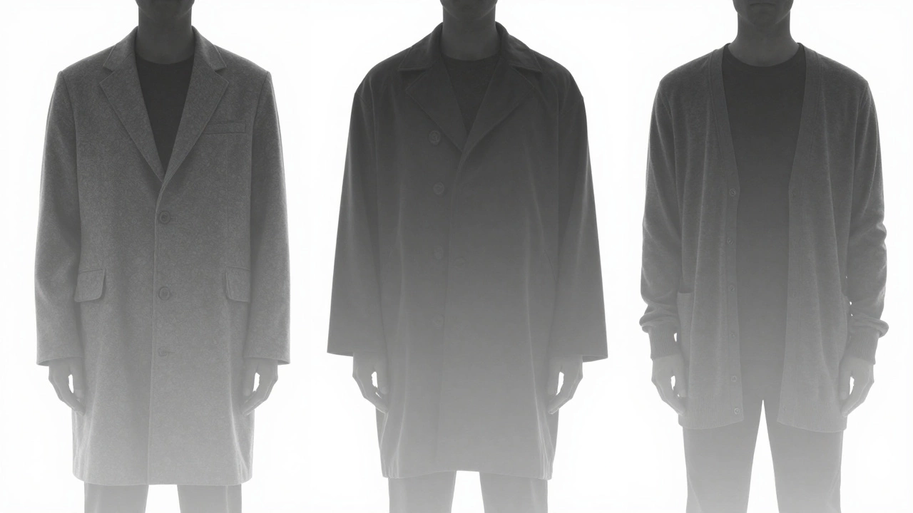 Три силуэта пальто с прозрачными линиями, показывающими идеальную длину рукава на запястье.