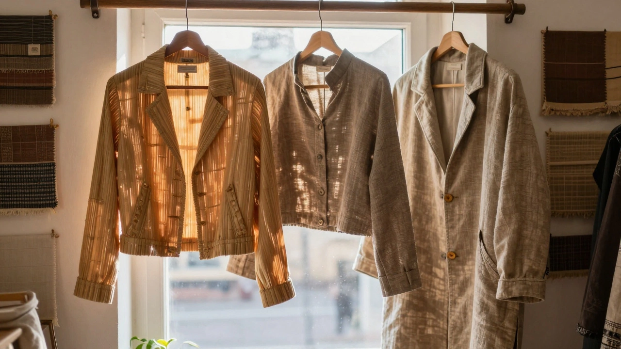 Три верхних изделия из натуральных тканей висят на деревянной вешалке в маленькой мастерской.