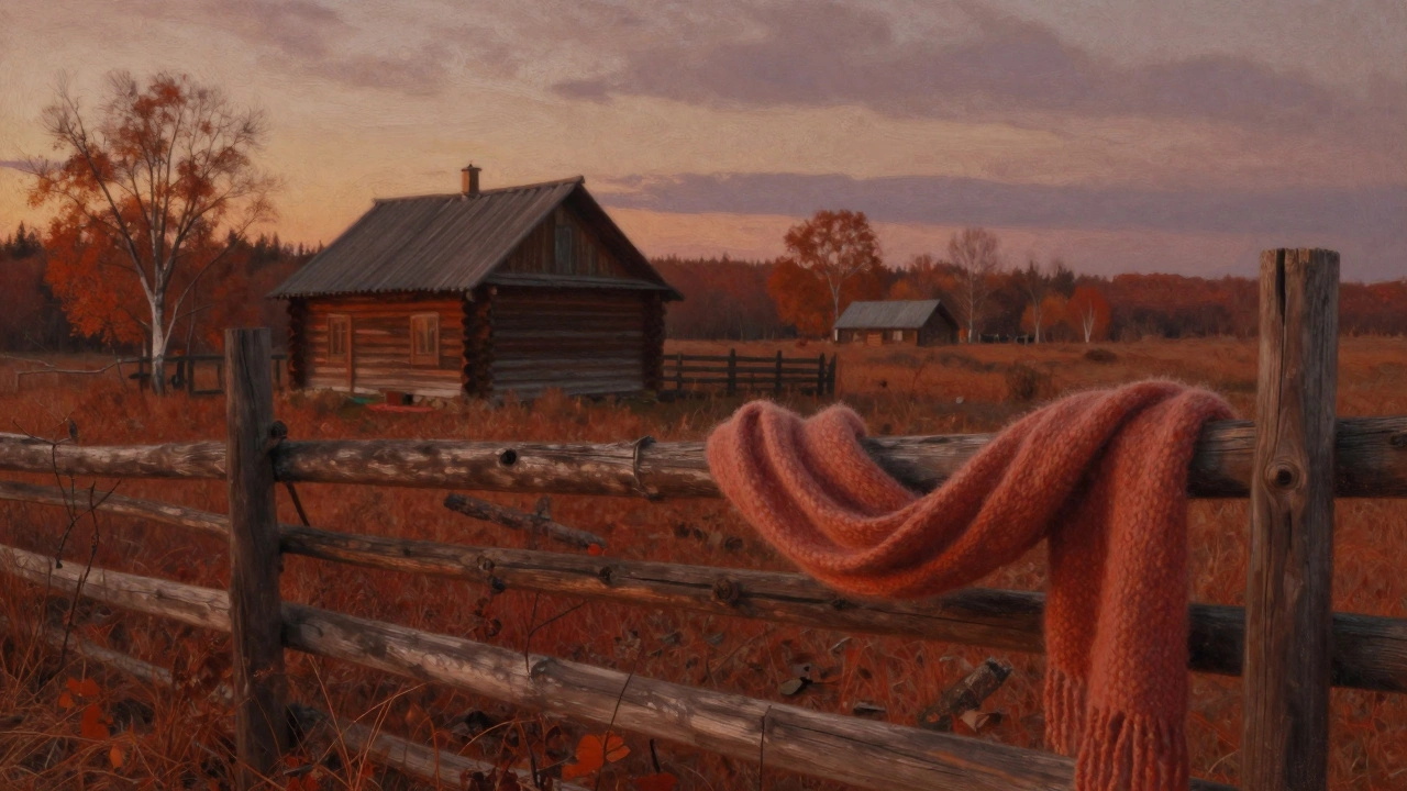 Закат в русской деревне: кирпичный дом, земля цвета красной охры, шерстяной шарф на заборе.
