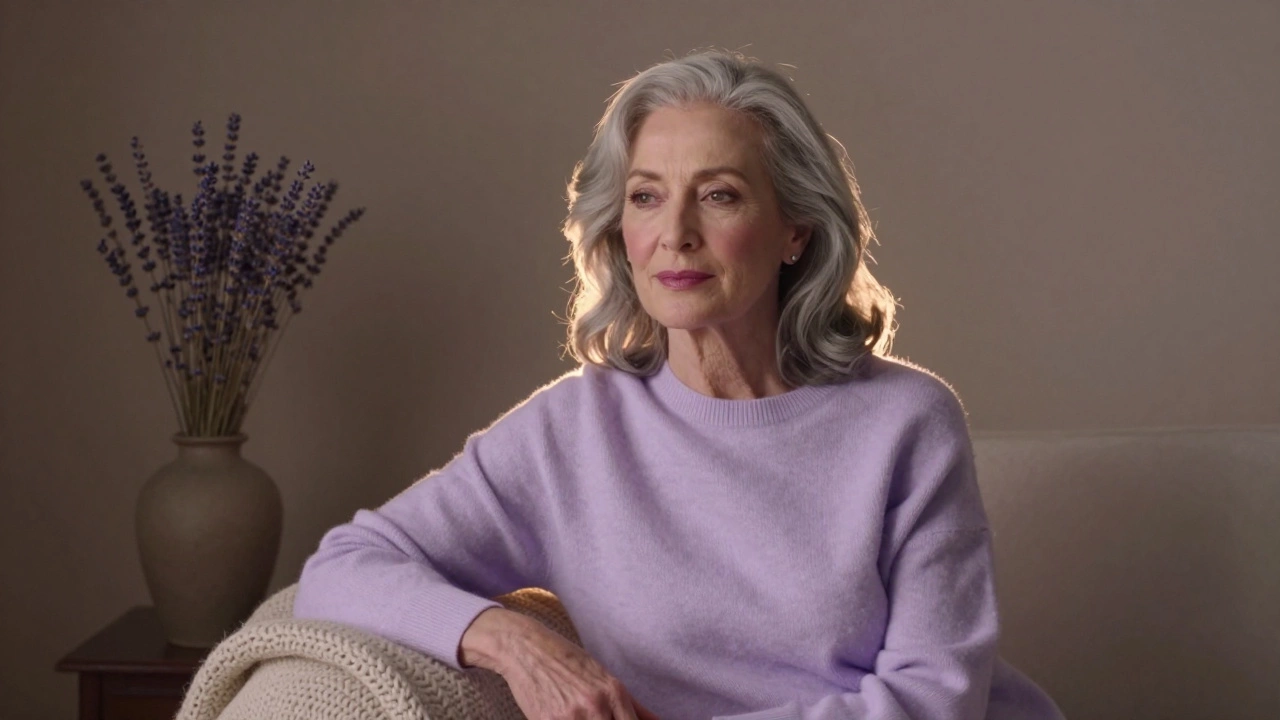 Женщина в пастельно-лавандовом свитере, мягкий свет подчеркивает сияние кожи.