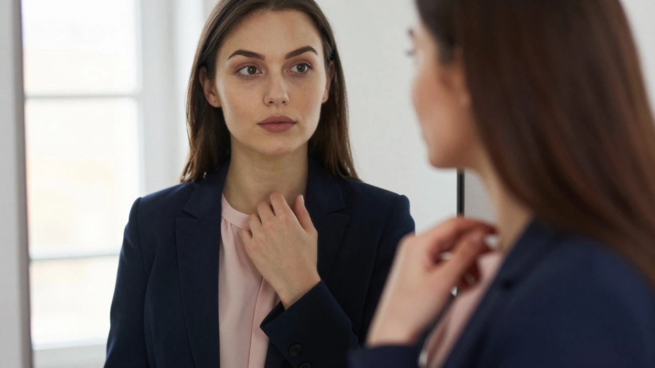 Женщина в темно-синем пиджаке и розовой блузке, отражение в зеркале показывает более молодой взгляд.