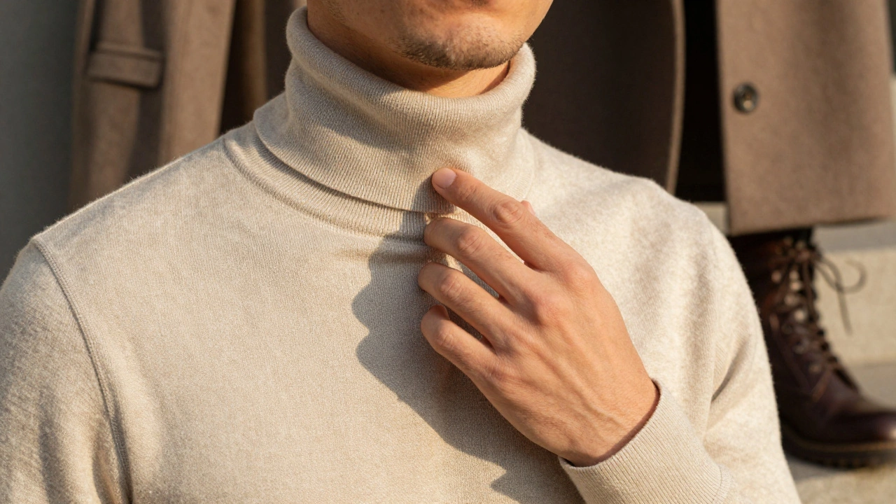 Близкий план руки, касающейся неровного хлопкового водолазки, с видом на ботинки и плащ — без идеальности, только ощущение свободы.