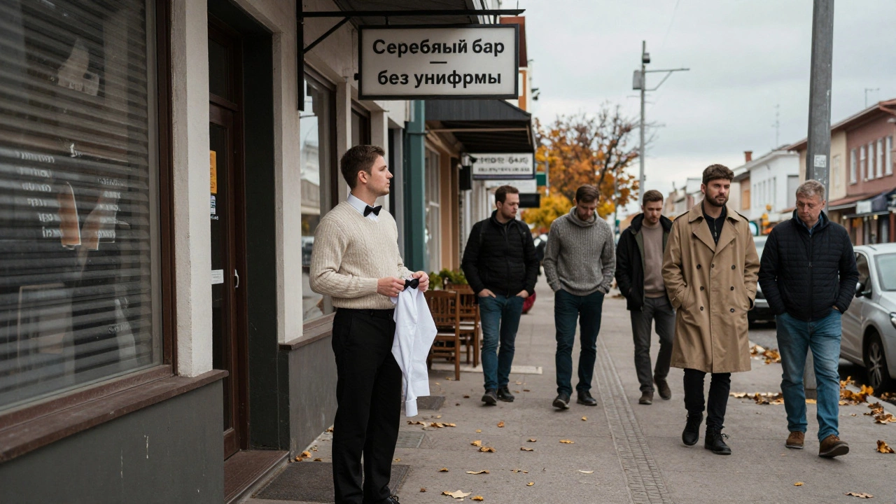 Бывший официант держит устаревший галстук-бабочку перед закрытым рестораном, за ним — современная мужская мода осени.