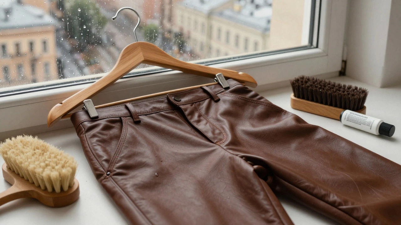 Деталь легких кожаных брюк с водоотталкивающим покрытием на деревянной вешалке с кремом для ухода.