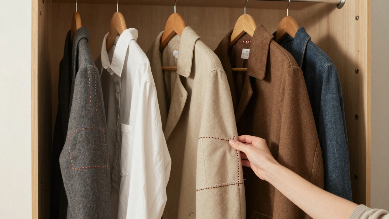 Эко-гардероб в деревянном шкафу с ремонтированными вещами и винтажными пальто под естественным светом.