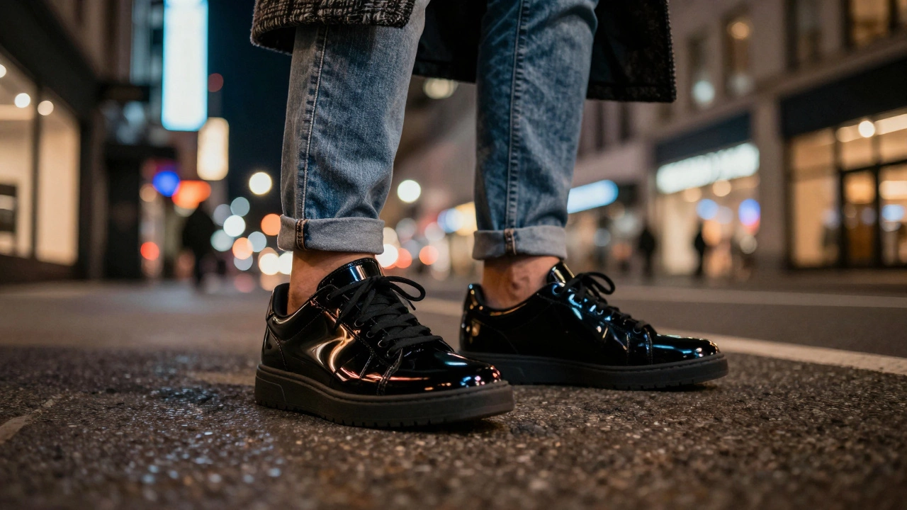 Глянцевые черные кроссовки в ночном городском пейзаже