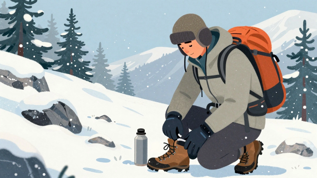 Ходок на горном перевале с теплой шапкой, перчатками и ботинками, ветер поднимает снег, солнце освещает сцену.