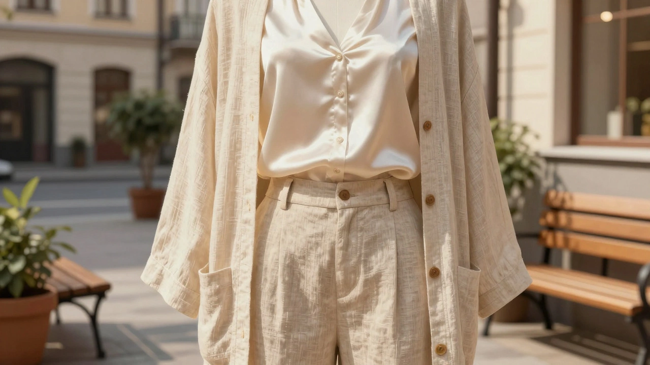 Комбинация льняных брюк, сатиновой блузки и кардигана из бамбука в урбанистическом дворике